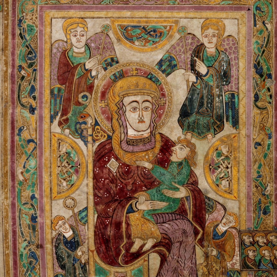 An illustration of Mary and child flanked by two angels in the Book of Kells