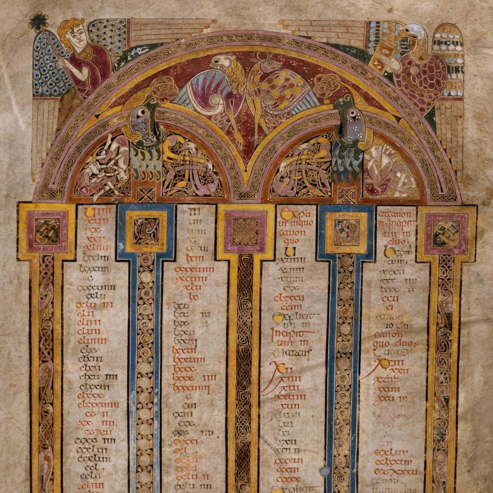 An illustration from the Book of Kells featuring animals and angels weaving into each other