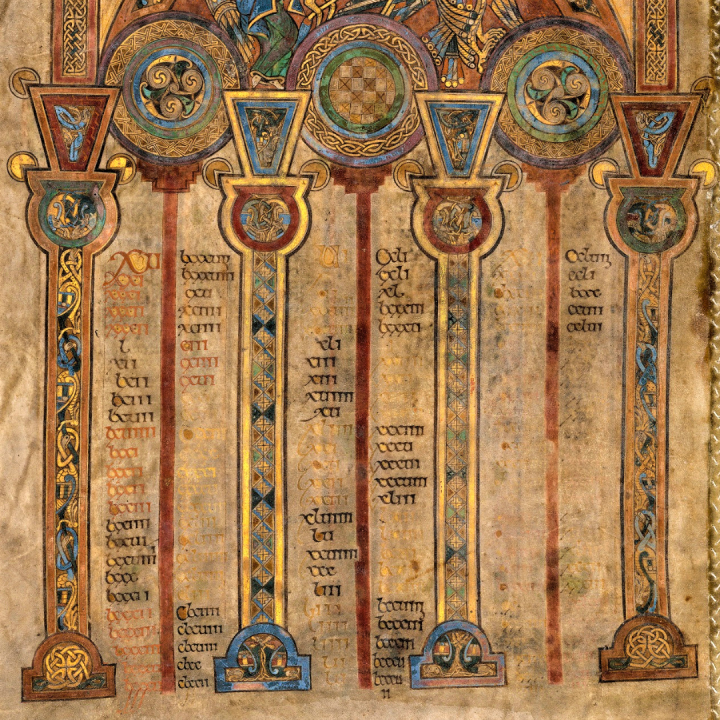 Illustrations from the Book of Kells filled with celtic spirals