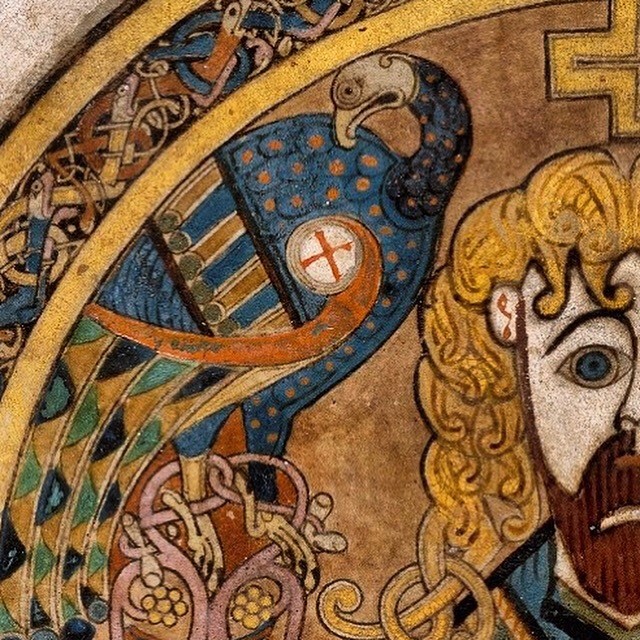 Close up of a blue peacock in the Book of Kells