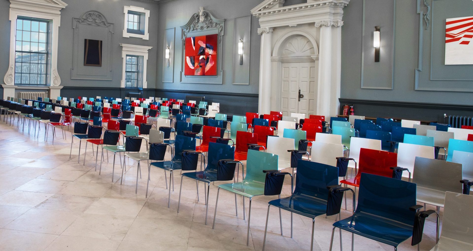 close up of chairs in trinity college meeting room