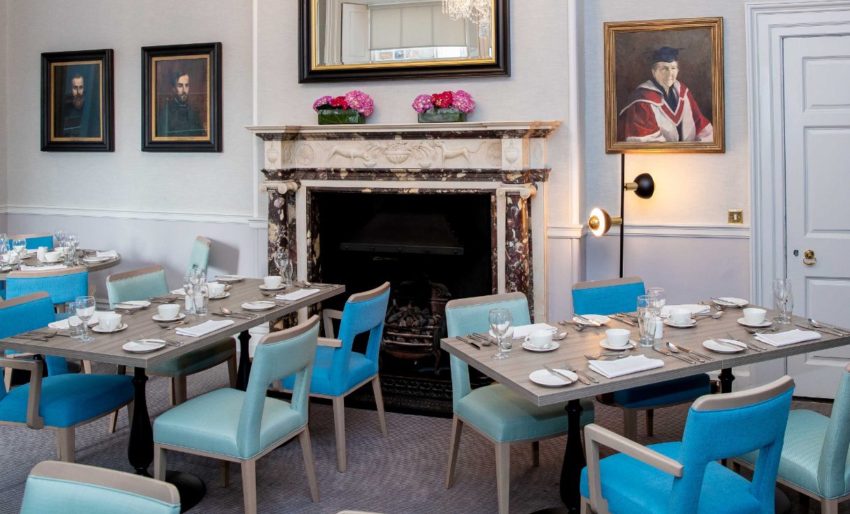 tables and chairs in 1592 restaurant at trinity college dublin