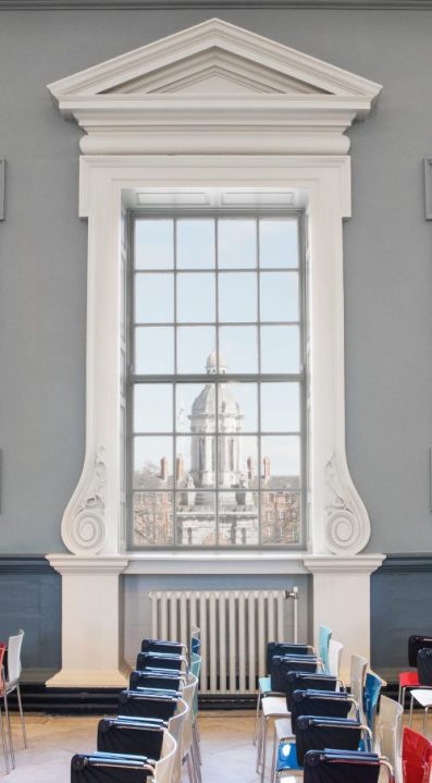 window facing bell tower in trinity college dublin