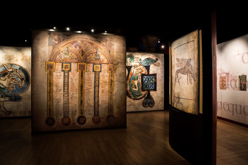 Enlarged pages from the Book of Kells in an exhibition