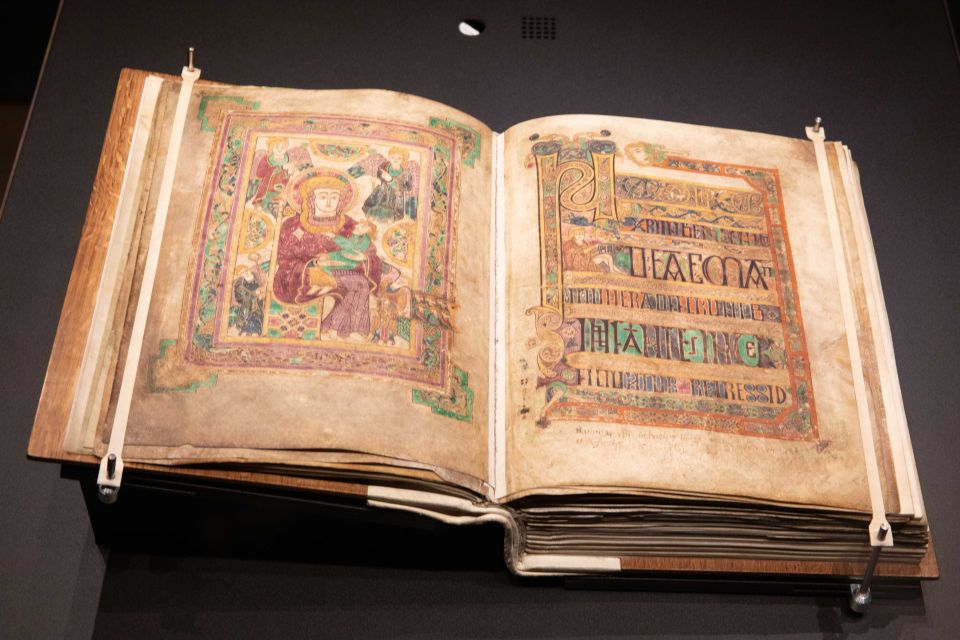 Pages from the Book of Kells on display in a glass case