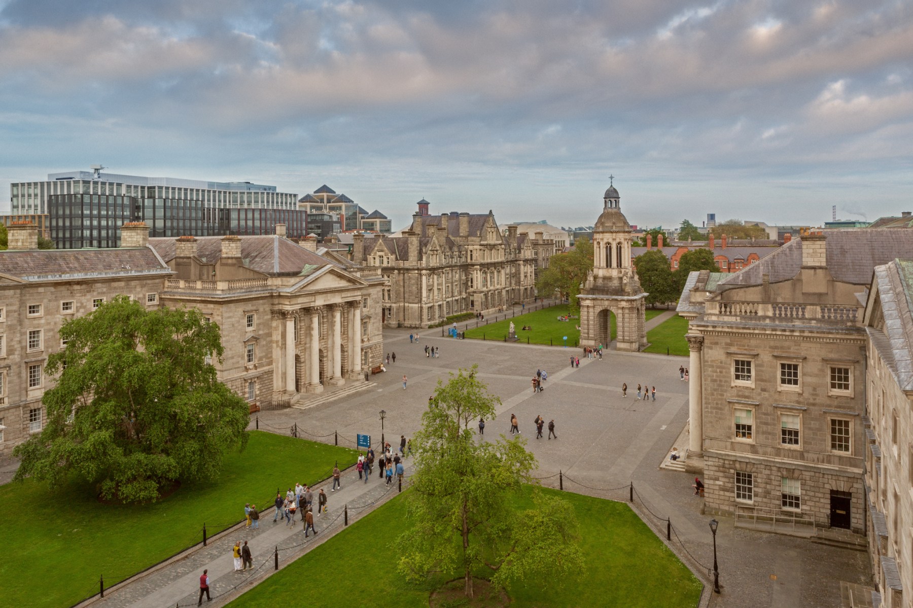 Trinity's Front Square with trees and rows of 18th century building.