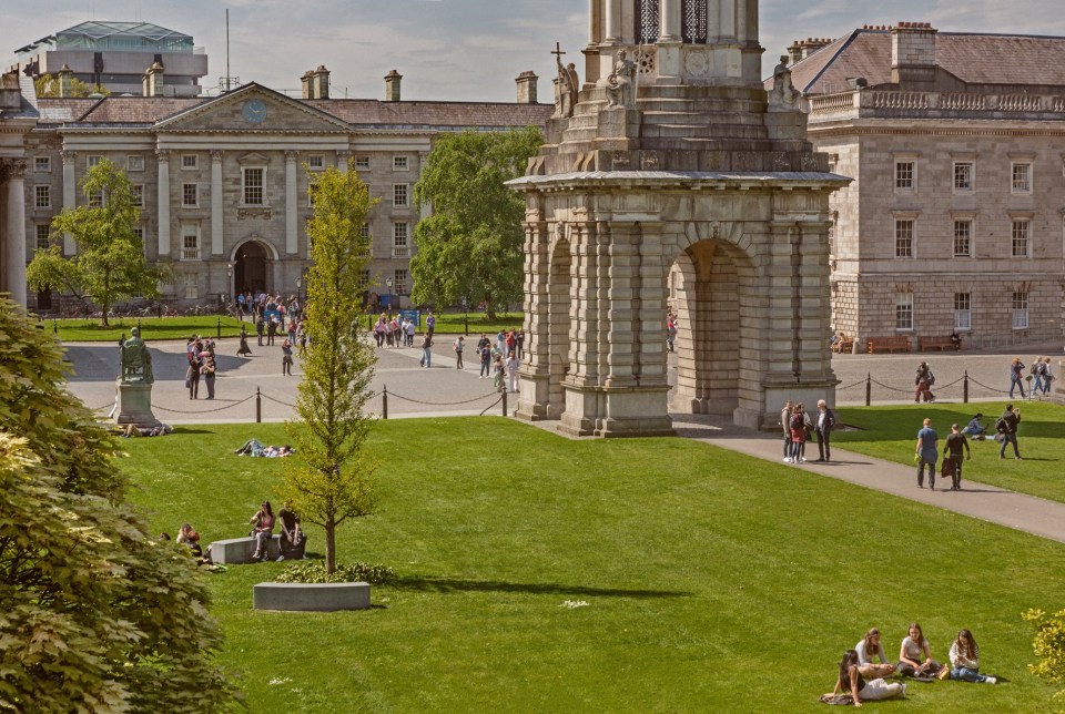 Trinity Front Square in the sun, with green grass