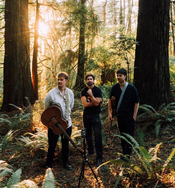 3 members of Amble in a forest, two of them with guitars